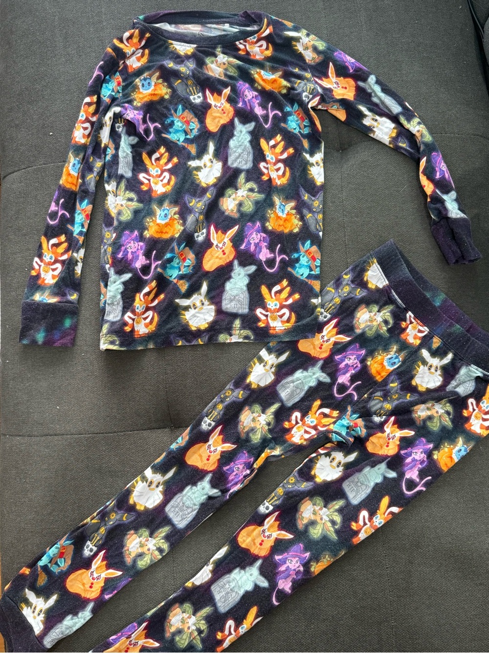 Pokemon Black Kids Pajama Set with Orange, Purple, Teal, Cream Animal Prints